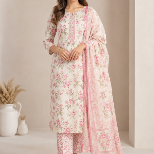 Elegant Floral Printed Women’s Straight Suit Set with DupattaElegant Floral Printed Women’s Straight Suit Set with Dupatta